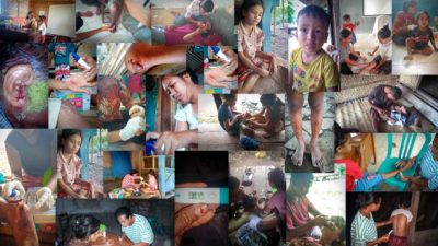 A collage of community health workers examining patients and providing care