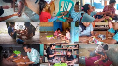A collage showing community health workers providing care in village homes