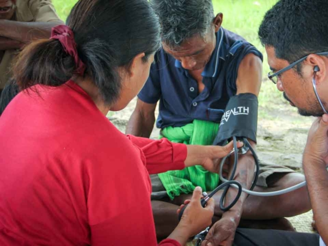 Training in taking blood pressure as part of the primary medical care program in rural areas.