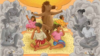 Children exposed to secondhand smoke in a closed room illustration by Fair Future