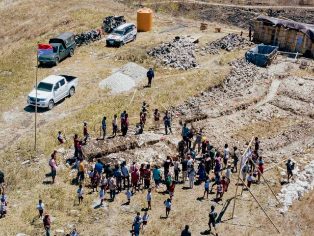 Photos of Fair Future Foundation staff and local community members working together on construction and educational projects, symbolizing collaboration and shared learning.