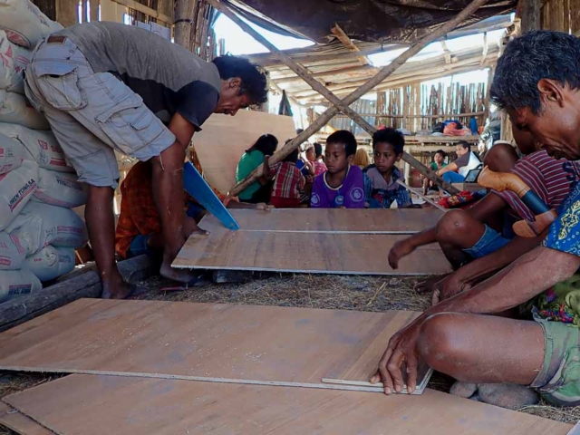 Photos of Fair Future Foundation staff and local community members working together on construction and educational projects, symbolizing collaboration and shared learning.