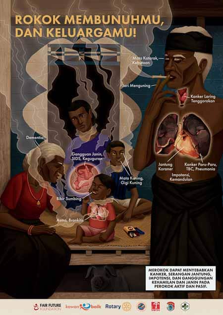 Anti-tobacco poster displayed in an Indonesian village, educating families about passive smoke dangers.