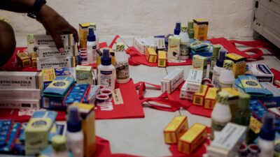 Medicines and medical supplies arranged on a table