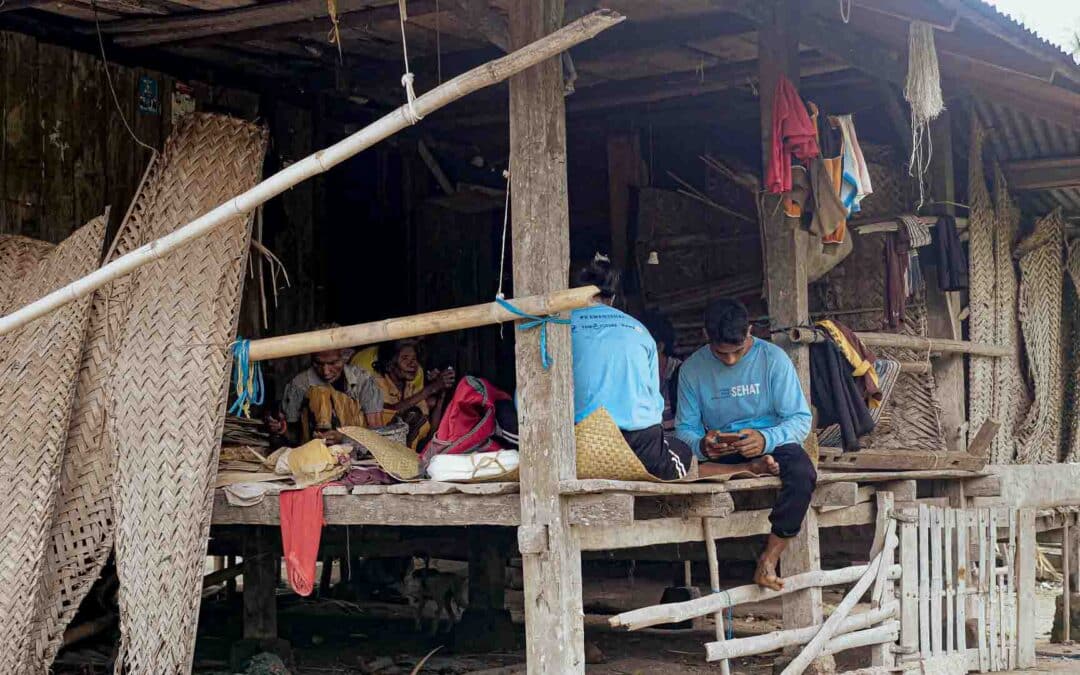 Photos of the Umalulu malaria baseline survey: children collecting water, health agents interviewing families, and distributing mosquito nets in rural East Sumba