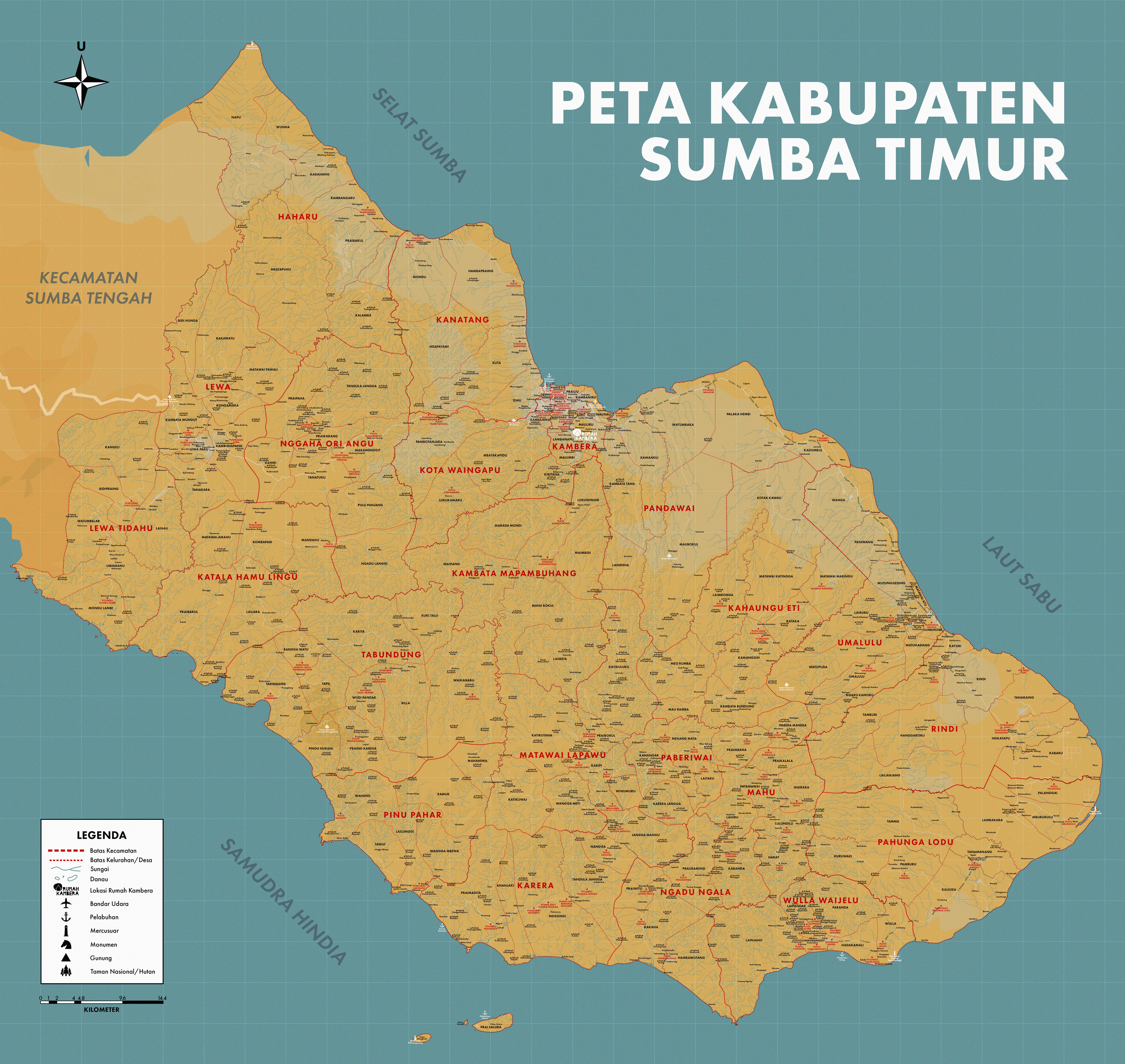 Detailed official map of East Sumba (Sumba Timur), Indonesia, showing districts, villages, and geographic landmarks, created by Fair Future Foundation