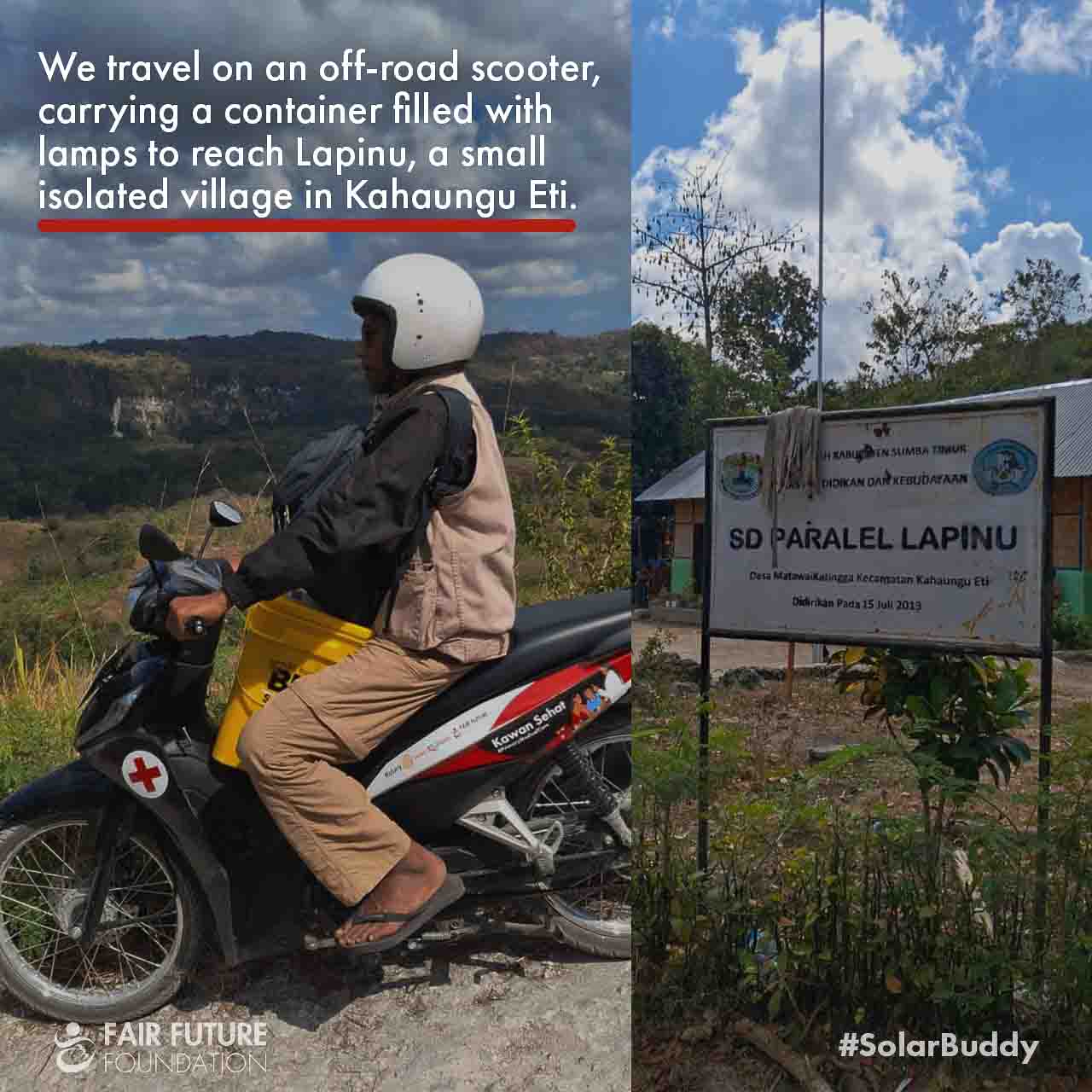 Girl in Lapinu holding a SolarBuddy lamp that replaces smoke and gives clean study light in a remote East Sumba village.
