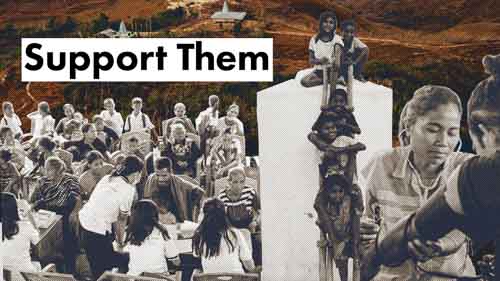 Collage of Fair Future medical teams and Kawan Sehat health agents treating villagers and children in a remote rural landscape, with the words “Support Them” written in bold.