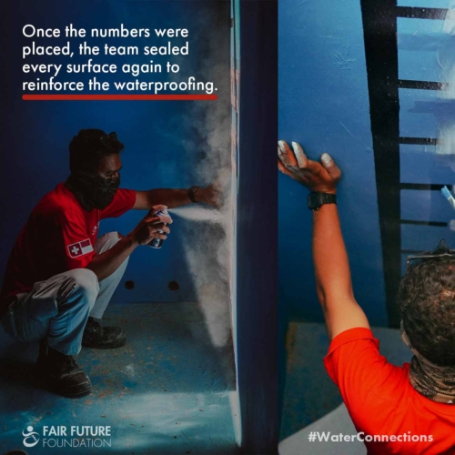 Final sealing and graduated scale installation inside the Laindatang reservoir. Final sealing and graduated scale installation inside the Laindatang reservoir.