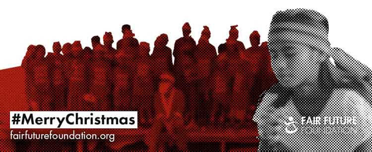 Group of community members and Fair Future team members standing together in East Sumba, represented in a graphic red-and-black style, symbolizing solidarity, commitment, and the meaning of Christmas on the ground for the foundation.