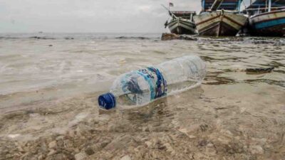 AQUA Plastic Bottle Pollution Indonesia Coast โข The Fair Future Foundation AQUA plastic bottle floating in coastal water Indonesia showing plastic pollution linked to bottled water consumption.