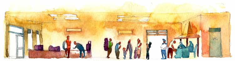Panoramic watercolour by Andri showing people receiving care, meeting and working together inside the future Rumah Kambera 2.0 medical and social centre.