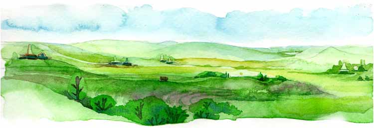 Hand-painted watercolor illustrations showing Fair Future Foundation field activities, rural landscapes, village life, construction work, care spaces, local textiles, and community scenes in East Sumba.