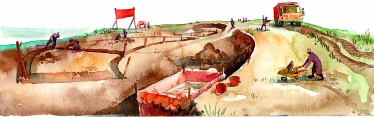 Hand-painted watercolor illustrations showing Fair Future Foundation field activities, rural landscapes, village life, construction work, care spaces, local textiles, and community scenes in East Sumba.