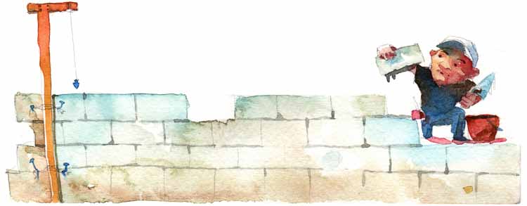 Watercolor illustration by Kawan Andri showing a small builder working on a low brick wall with a simple wooden lifting tool, symbolizing Fair Future Foundation’s construction and field work in East Sumba.