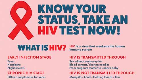 Swiss non-profit medical organisation working in ultra-rural indonesia • The Fair Future Foundation Pink poster with a red HIV ribbon and bold blue headline reading 'Know your status, take an HIV test now!'—includes an HIV overview and infection stage sections on a light pink background, for awareness.