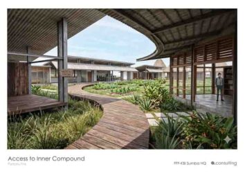 Curved wooden boardwalk through a modern garden with buildings in the background labeled ‘Access to Inner Compound’.