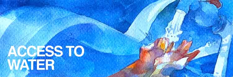 Blue watercolour illustration of hands receiving water beneath the words Access to Water, representing the Water Connections Programme.