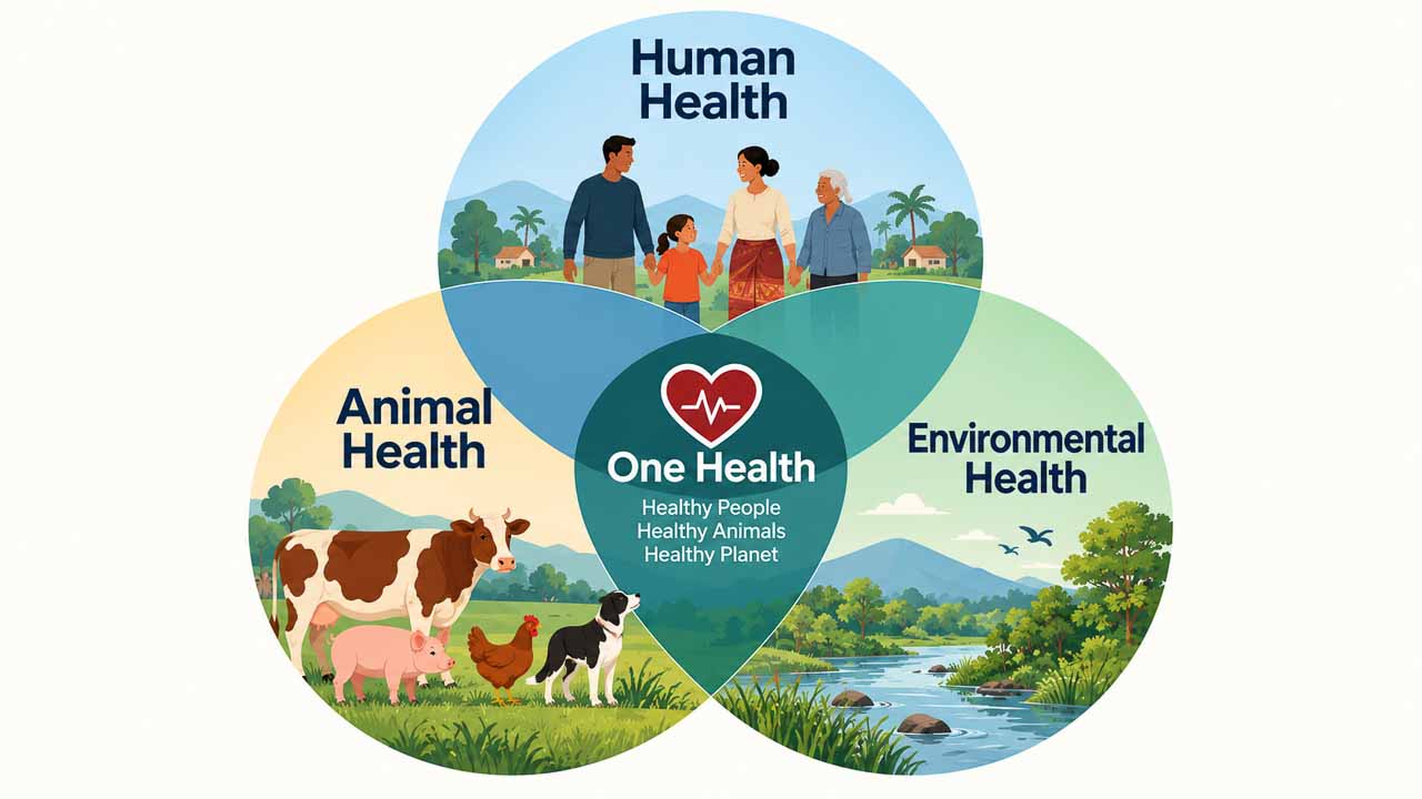 One Health Venn diagram showing the connections between human, animal and environmental health in three overlapping circles, labelled in French.