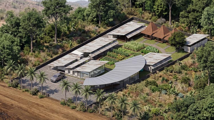 Architectural views generated from the SketchUp plans for the future Rumah Kambera 2.0 socio-medical and community centre in Kawangu, East Sumba.