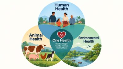Three Circles, One Health Three overlapping circles connect human, animal and environmental health, with One Health at their shared centre.