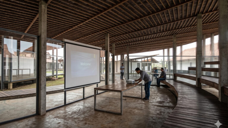 Architectural rendering of the planned covered amphitheatre at Rumah Kambera 2.0, with a projection screen and seating area.