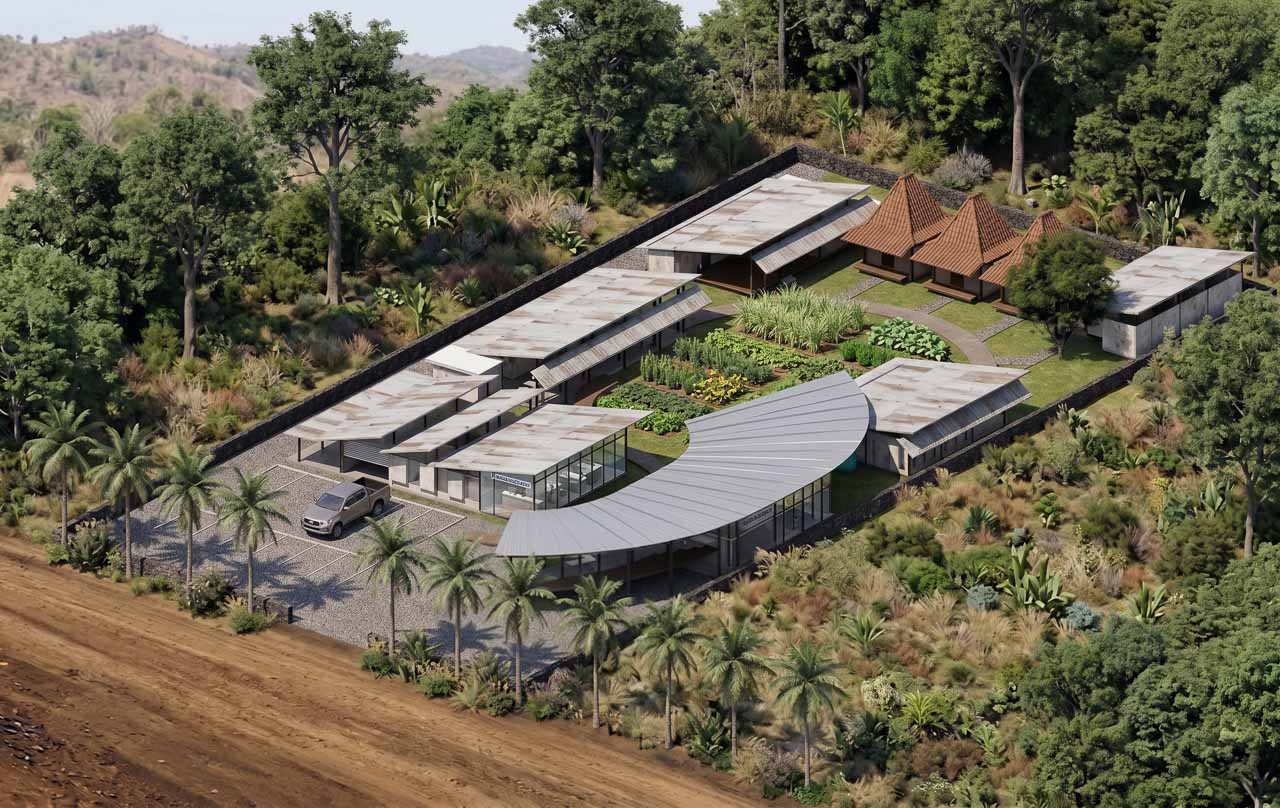 Render 3D dell'impianto del Centro Socio-Medico Comunale di Rumah Kambera a Kawangu, East Sumba.