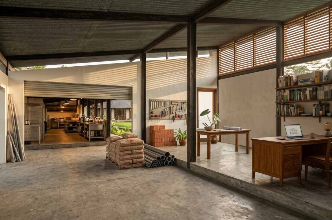 Rumah Kambera Community Socio-Medical Centre – 3D Render 11 3D architectural rendering of the planned Rumah Kambera Community Socio-Medical Centre in Kawangu, East Sumba, view 11.