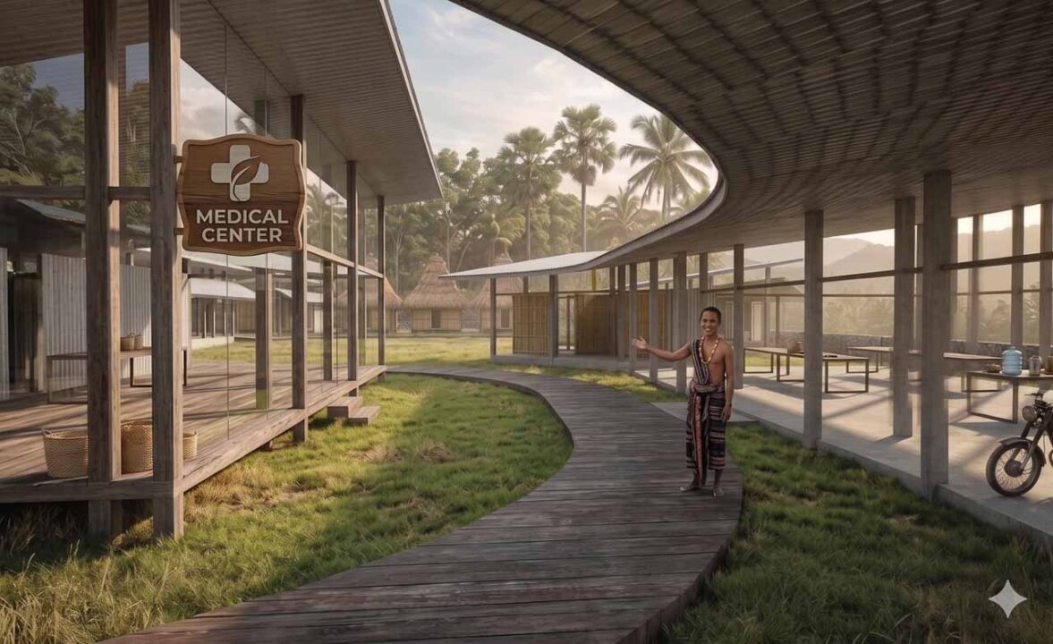 Rumah Kambera Community Socio-Medical Centre – 3D Render 02 3D architectural rendering of the planned Rumah Kambera Community Socio-Medical Centre in Kawangu, East Sumba, view 02.