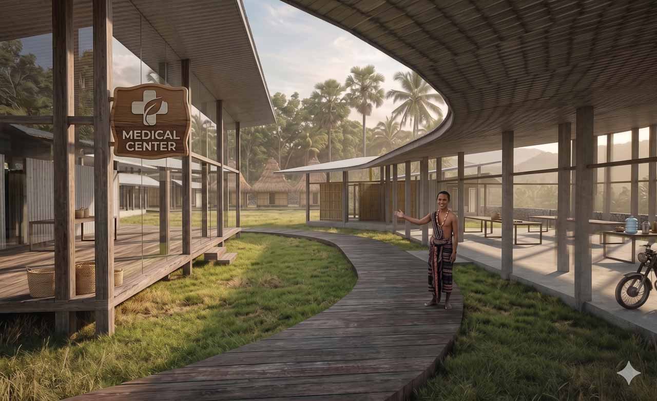 3D architectural rendering of the planned Rumah Kambera Community Socio-Medical Centre in Kawangu, East Sumba, view 02
