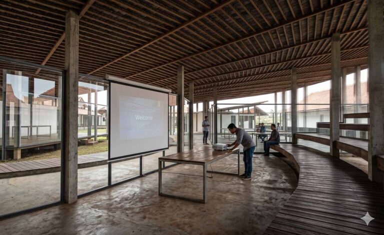 3D architectural rendering of the planned Rumah Kambera Community Socio-Medical Centre in Kawangu, East Sumba, view 03.