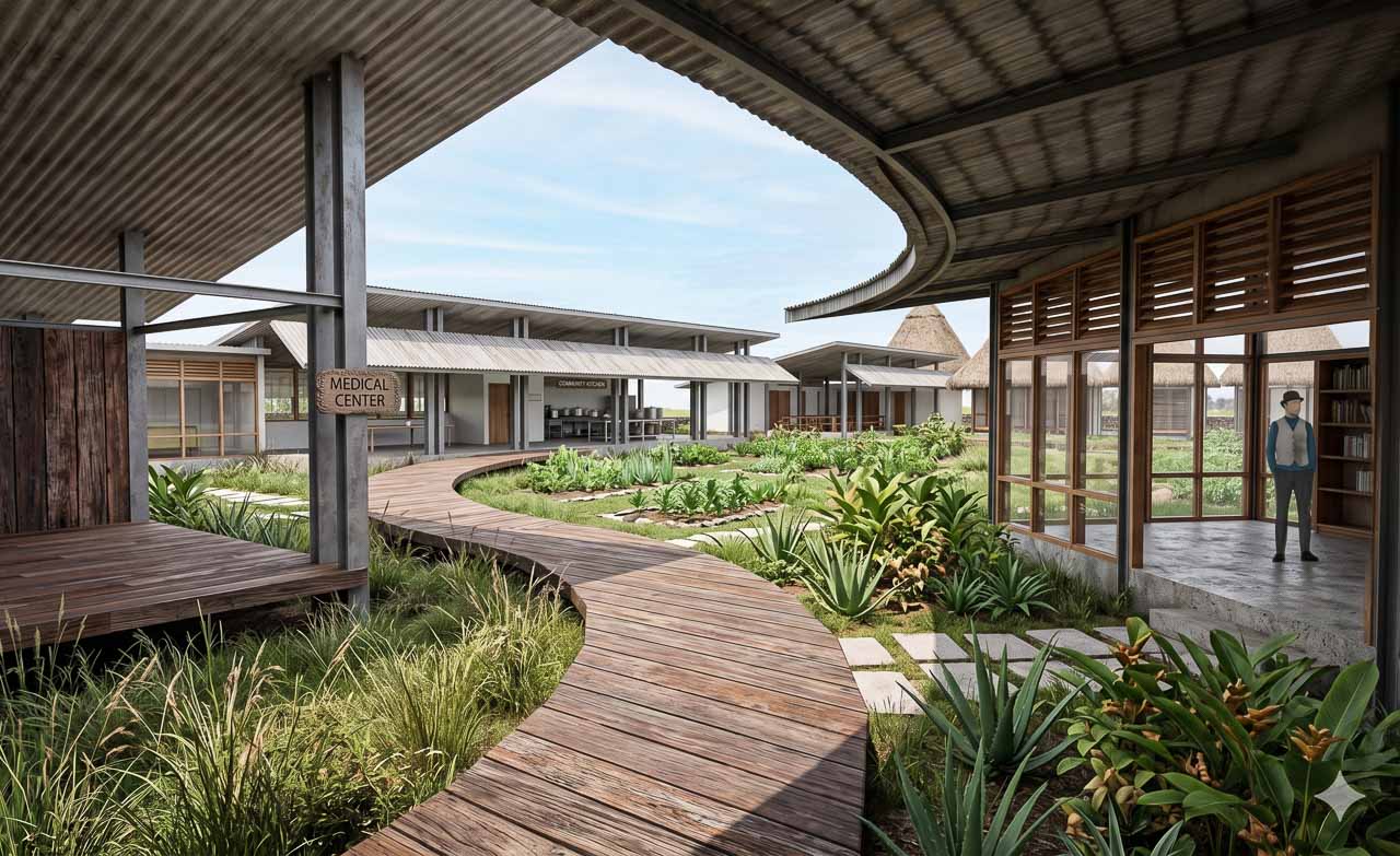 3D architectural rendering of the planned Rumah Kambera Community Socio-Medical Centre in Kawangu, East Sumba, view 04