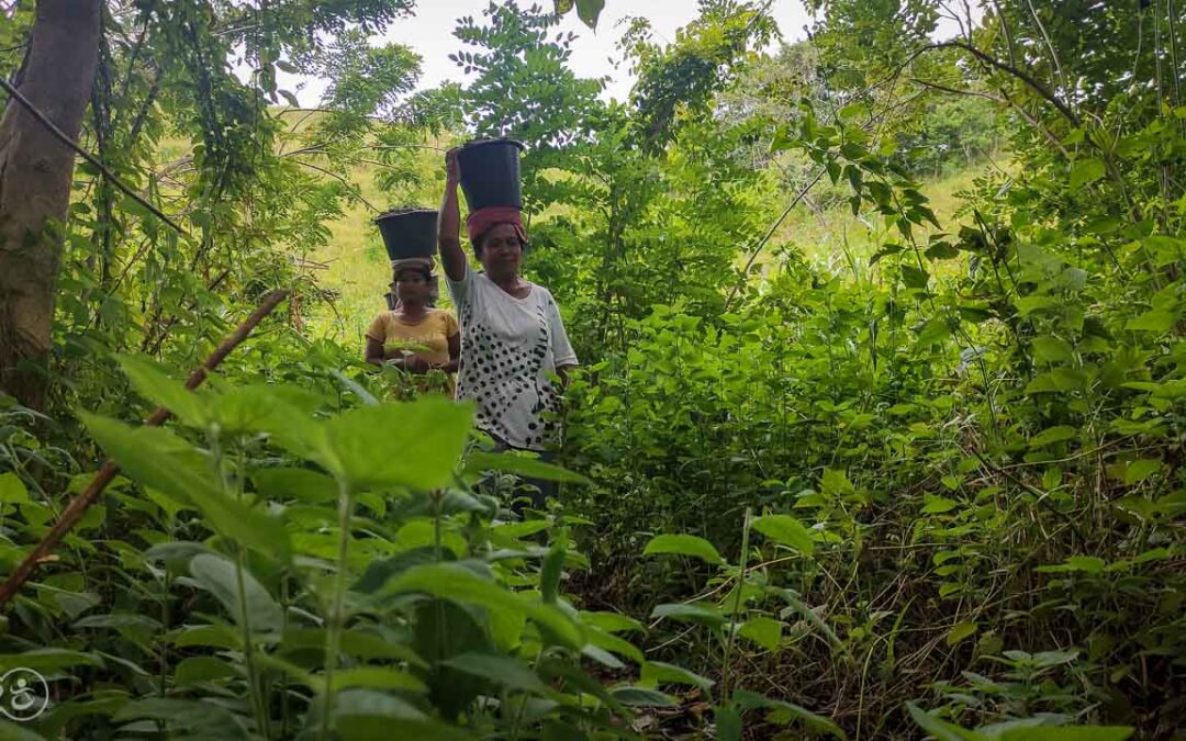 Strong women carry sand for the construction of a new clean water tank