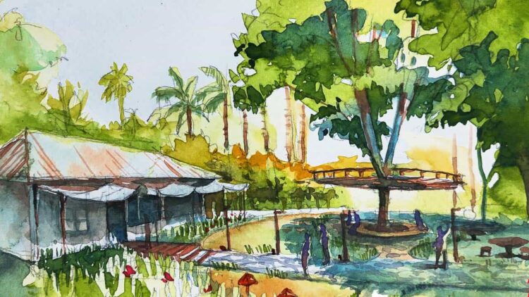 Watercolour of the original Rumah Kambera socio-medical field base, home to Fair Future Foundation’s field activities since 2020.