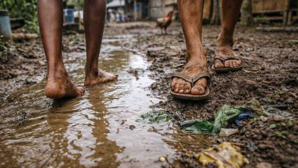 Bare feet and worn sandals in stagnant muddy water in rural Indonesia, showing leptospirosis exposure risk