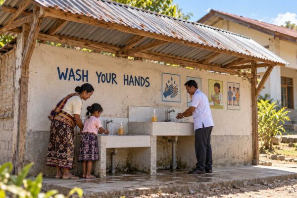 AI-generated concept of a child and adults using low and high handwashing basins with soap beside hygiene posters.